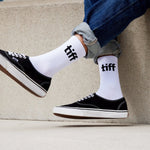 TIFF white athletic socks with black logo