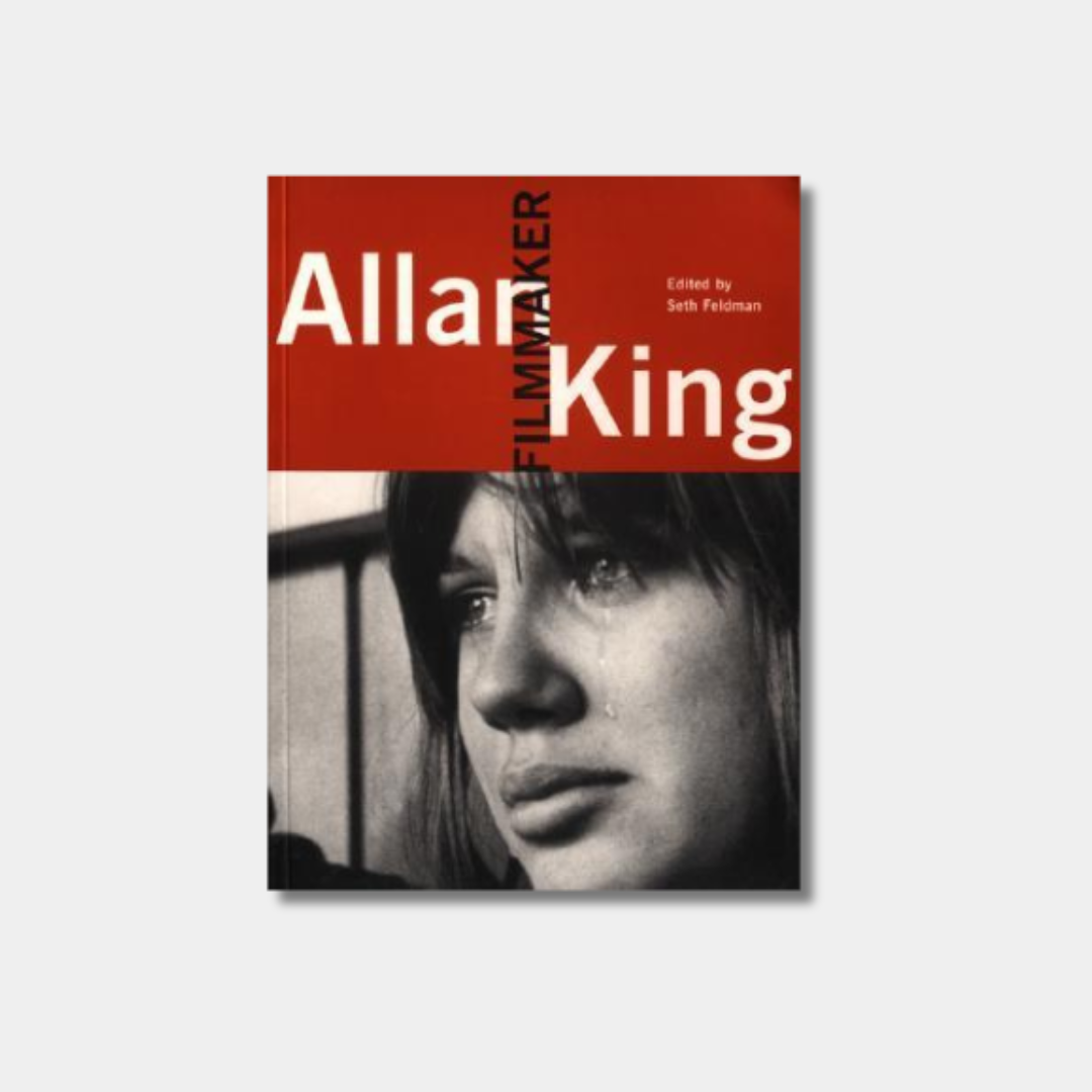 The book cover for "Allan King: Filmmaker" featuring the title in bold white text over a red and black background with a black-and-white close-up of a person crying.
