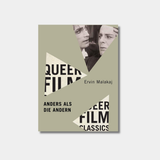 The book cover for "Anders als die Andern" features a stylized design with geometric shapes, bold typography, and a black-and-white film still of two men.