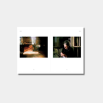 Framed artwork with two images of a person in a room.