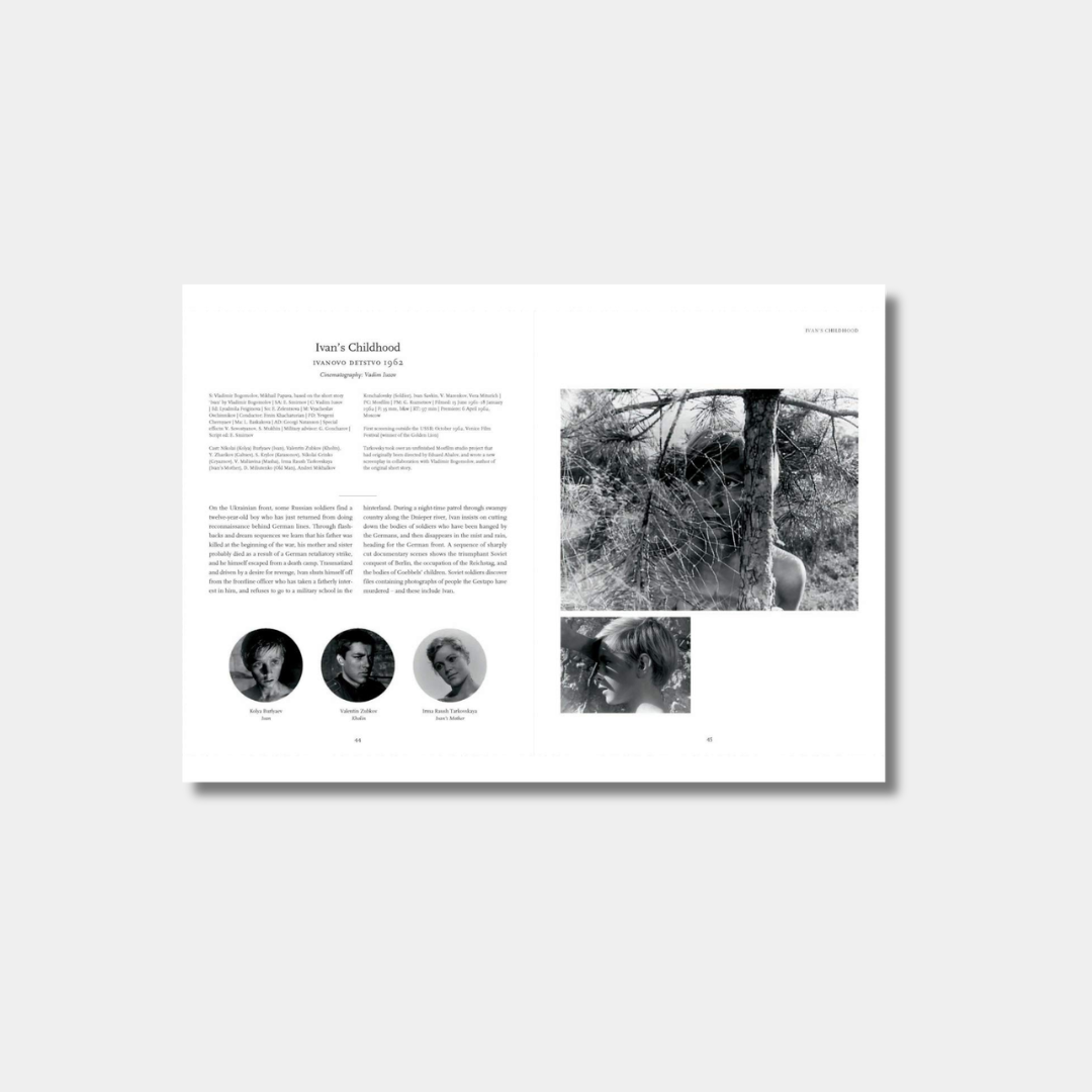 Open book spread with columns of text at left side with three circular photographs of people at bottom and photograph of tree and young person at right side.