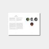 Book page with text and four circular images on a white background