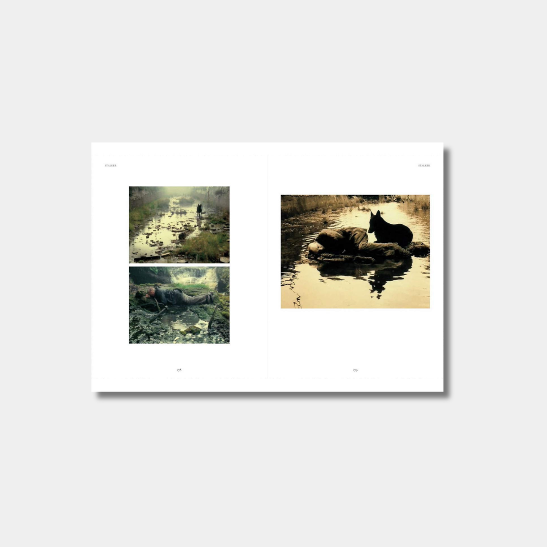 Framed artwork with four images of a person and a horse in a reflective body of water.