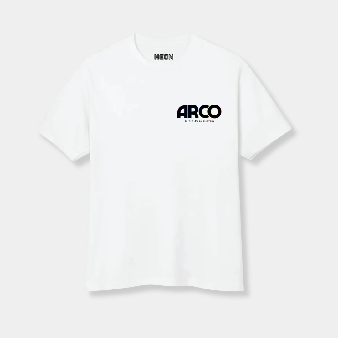 A white crewneck t-shirt featuring a small "NEON" logo on the inner neckline and a chest graphic that reads "ARCO Un film d'Ugo Bienvenu" in bold, stylized lettering with a subtle chromatic aberration effect.