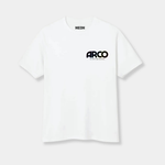 A white crewneck t-shirt featuring a small "NEON" logo on the inner neckline and a chest graphic that reads "ARCO Un film d'Ugo Bienvenu" in bold, stylized lettering with a subtle chromatic aberration effect.