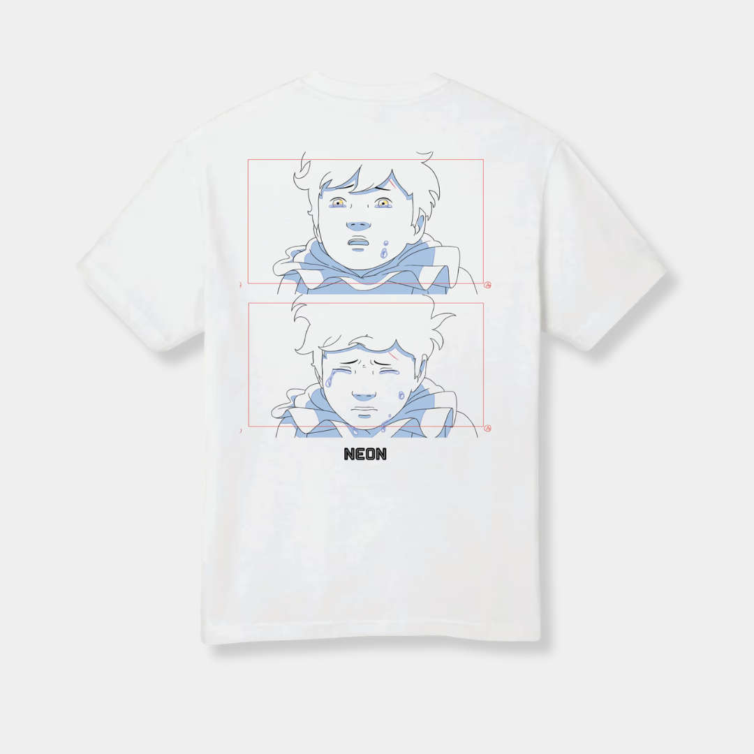 The back of a white t-shirt features two stacked, rectangular animation panels in red borders showing a blue-and-white line art character crying, positioned above a small black "NEON" logo.