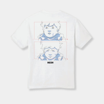 The back of a white t-shirt features two stacked, rectangular animation panels in red borders showing a blue-and-white line art character crying, positioned above a small black "NEON" logo.