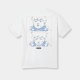 The back of a white t-shirt features two stacked, rectangular animation panels in red borders showing a blue-and-white line art character crying, positioned above a small black "NEON" logo.