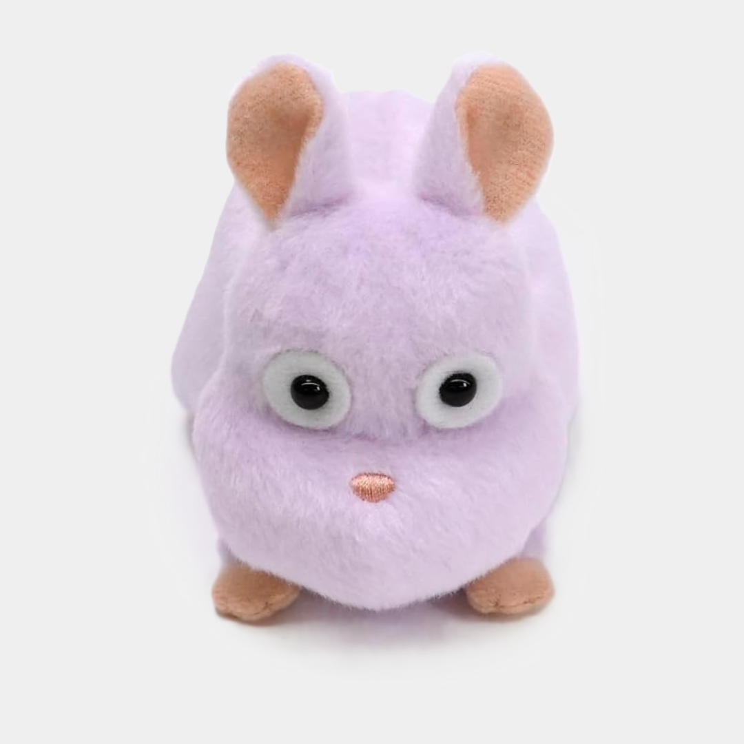 Front view of purple mouse plush with small ears and light pink accents.