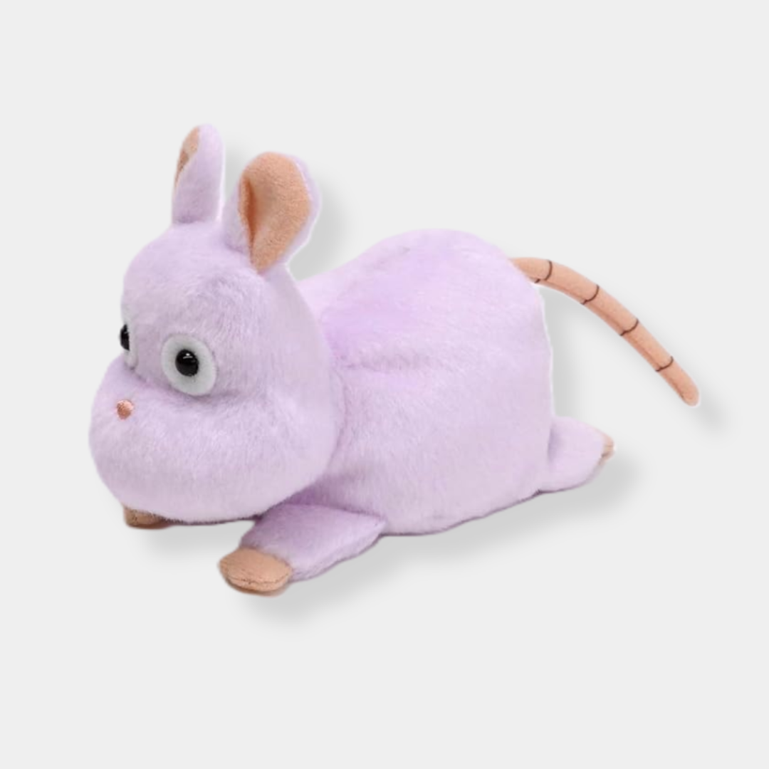 Purple mouse plush with small ears, stitched tail, and light pink accents, shown from the side.