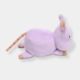Purple mouse plush with small ears, stitched tail, and light pink accents, shown from the side.