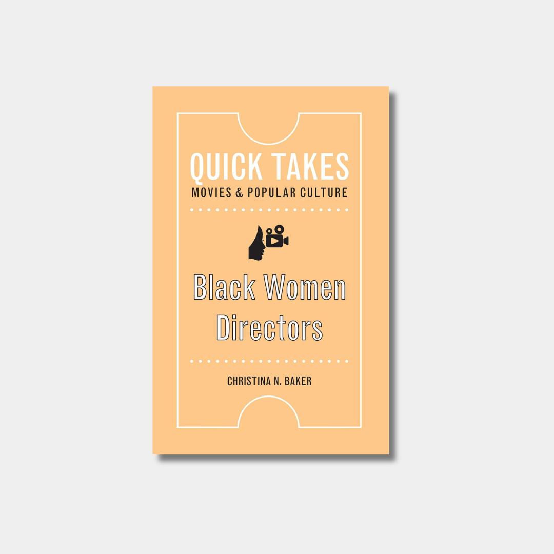 Yellow book cover with movie ticket shaped border and title text in sans serif font and illustrated profile of a black figure looking through camera lens