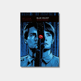A blue toned illustration of actor Kyle MacLachlan’s face split by a starry void containing a pair of red lips and black banner at top with white book title text and details.