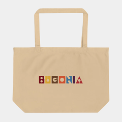 Beige coloured rectangular tote bag with top handle and printed 'Bugonia' text in multicolour at front on a white background.