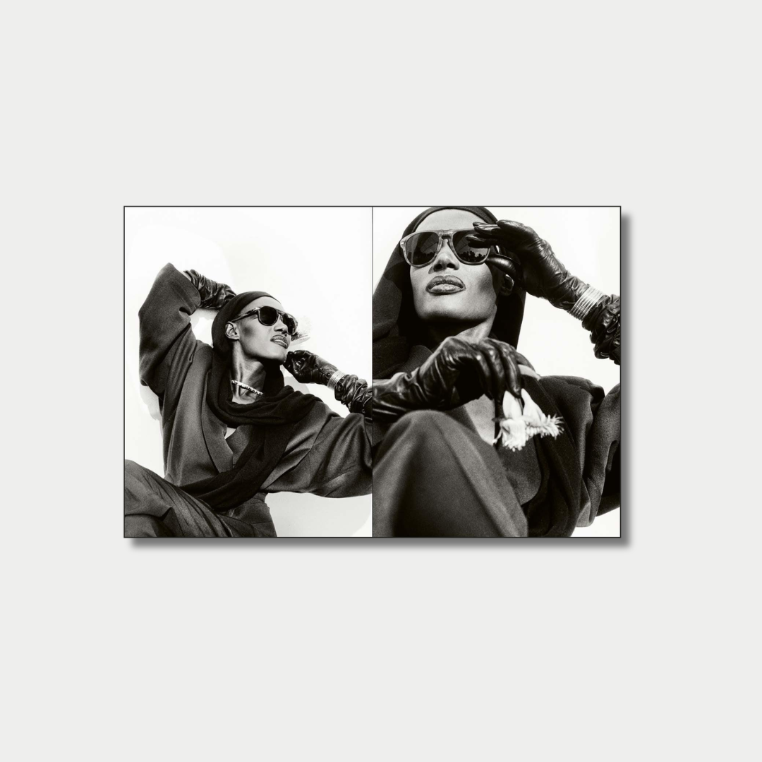 A black-and-white photos featuring Grace Jones posing in a dark hooded outfit, sunglasses, and leather gloves, with one panel showing her reclining with her arms up and the other showing a close-up as she adjusts her sunglasses and holds a flower.