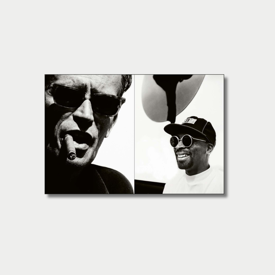 A black-and-white diptych features a dramatic close-up of a man in sunglasses smoking a cigar on the left panel, contrasting with a smiling portrait of filmmaker Spike Lee wearing round sunglasses and a baseball cap on the right panel.