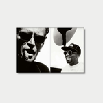 A black-and-white diptych features a dramatic close-up of a man in sunglasses smoking a cigar on the left panel, contrasting with a smiling portrait of filmmaker Spike Lee wearing round sunglasses and a baseball cap on the right panel.