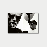A black-and-white diptych features a dramatic close-up of a man in sunglasses smoking a cigar on the left panel, contrasting with a smiling portrait of filmmaker Spike Lee wearing round sunglasses and a baseball cap on the right panel.