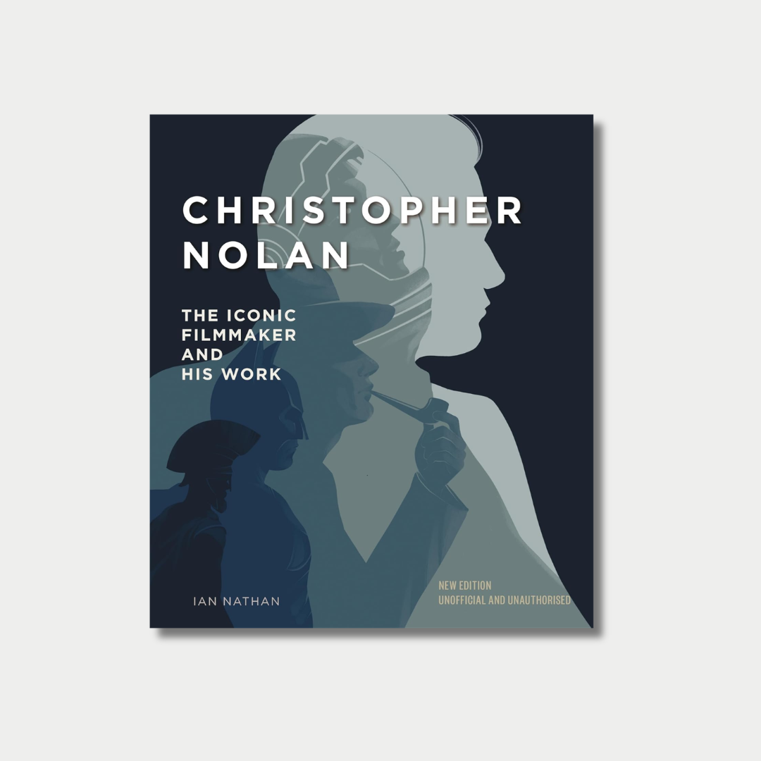 Book cover for "Christopher Nolan: The Iconic Filmmaker and His Work" by Ian Nathan, featuring a large, stylized profile silhouette of Nolan layered with smaller silhouettes of characters from his films, including Batman, a figure in an astronaut suit, and a man smoking a pipe, rendered in muted blue and gray tones.