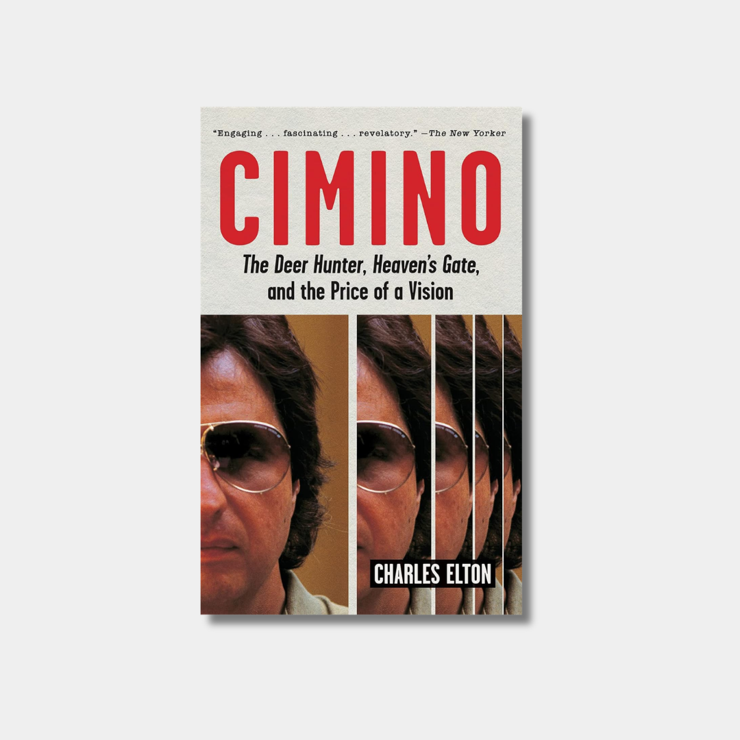 The cover of the book Cimino features a repeating, fragmented portrait of director Michael Cimino wearing sunglasses beneath the title in large red letters.
