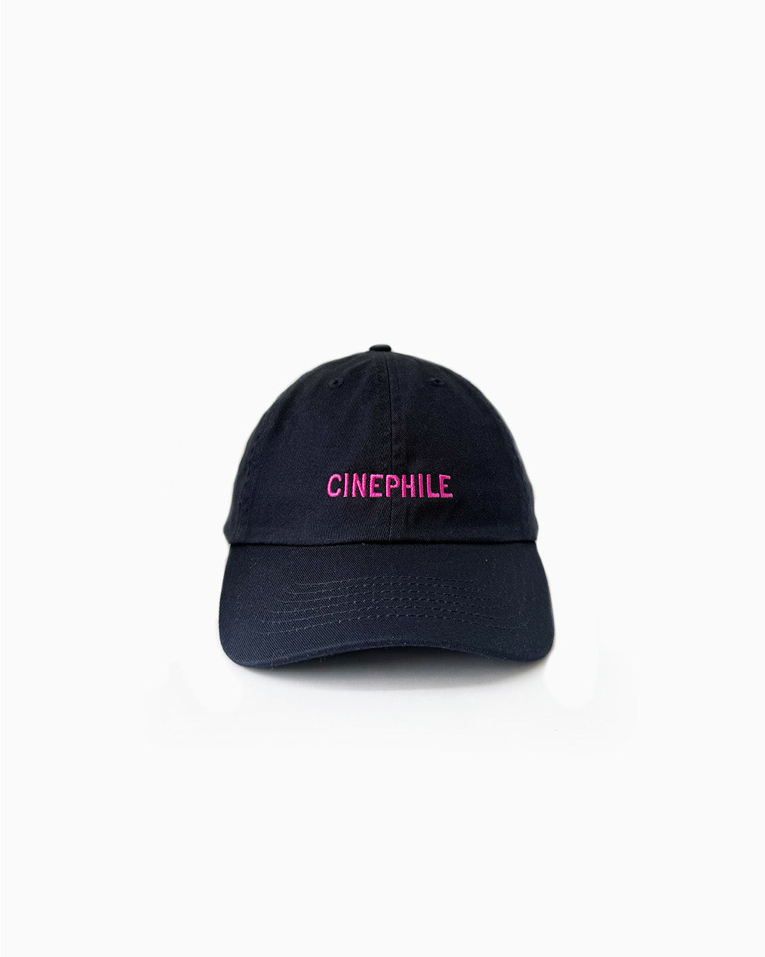 Navy cap with 'CINEPHILE' text in pink on a white background