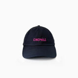 Navy cap with 'CINEPHILE' text in pink on a white background