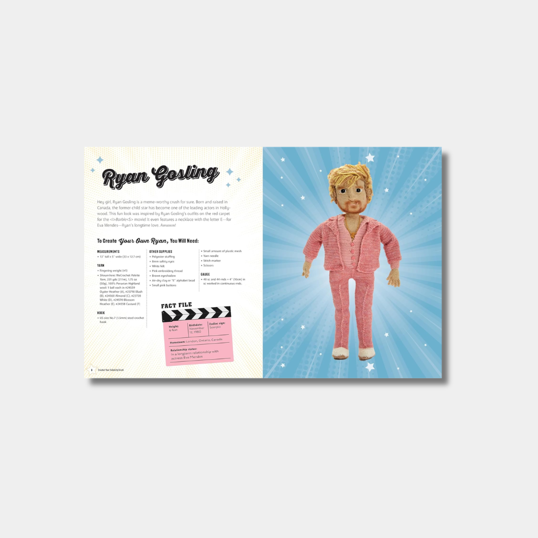 An open book spread featuring a instructional crochet pattern for a Ryan Gosling doll on the left page and a full-page photo of the finished amigurumi doll wearing a pink suit against a blue sunburst background on the right.