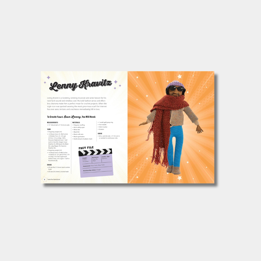 An open book spread featuring a crochet pattern for a Lenny Kravitz amigurumi doll on the left, and a full-page photo of the finished doll—complete with his signature oversized scarf, sunglasses, and beanie—against an orange sunburst background on the right.