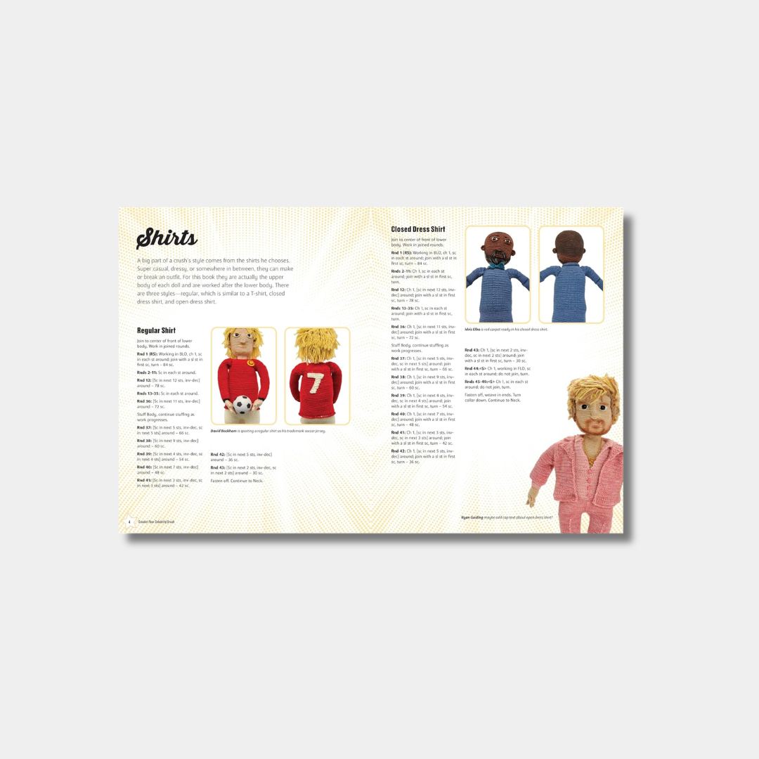 An open book spread titled "Shirts" featuring crochet instructions for different doll shirt styles, illustrated with amigurumi dolls wearing a red soccer jersey, a blue dress shirt, and a pink suit.