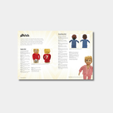 An open book spread titled "Shirts" featuring crochet instructions for different doll shirt styles, illustrated with amigurumi dolls wearing a red soccer jersey, a blue dress shirt, and a pink suit.