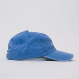 Side view of a blue baseball cap on a white background.