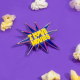Pin with 'I Love Movies' text surrounded by popcorn on a purple background