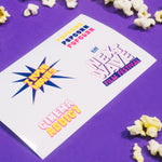 Popcorn and a card with movie festival text on a purple background