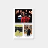Poster with images of people around a table and abstract art on a white background