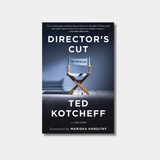 The book cover for "Director's Cut" features bold white and blue text set against a cinematic background showing a lone director's chair illuminated by a dramatic spotlight on a dark wooden floor.