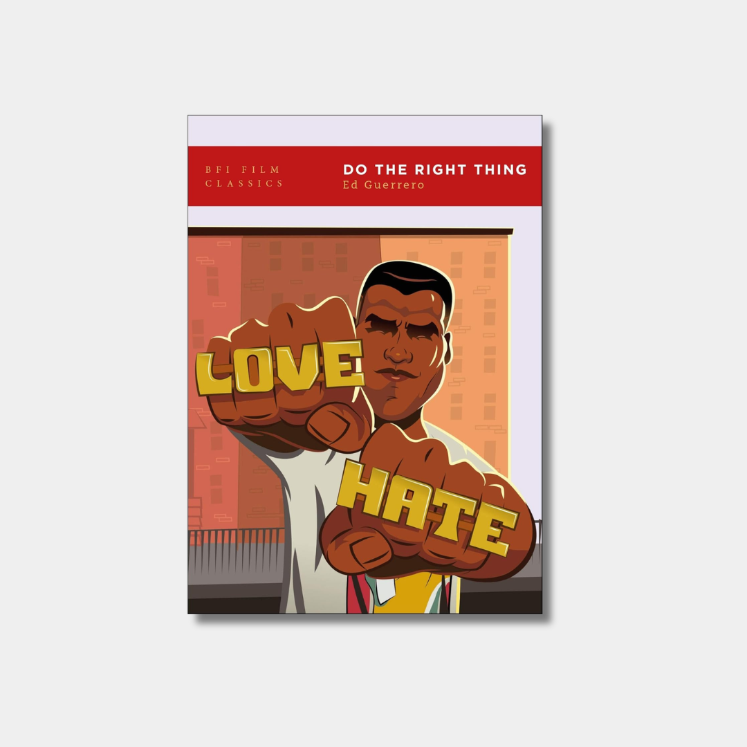 Illustration of a man’s clenched fists held forward, displaying brass knuckles that read "LOVE" and "HATE" and red panel at top with printed book title and details