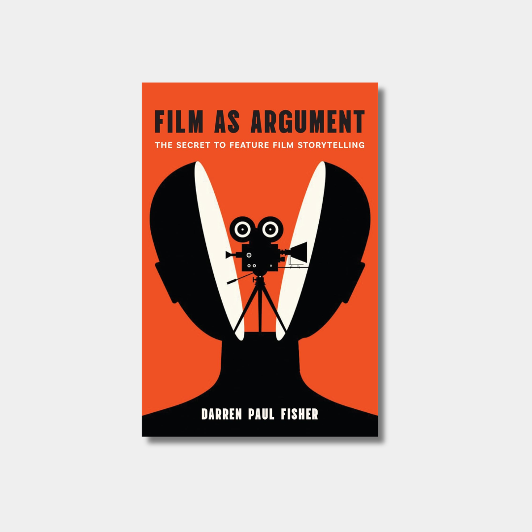 A minimalist book cover with a bright orange background featuring a black silhouette of a head split open to reveal an old-fashioned film camera on a tripod inside.