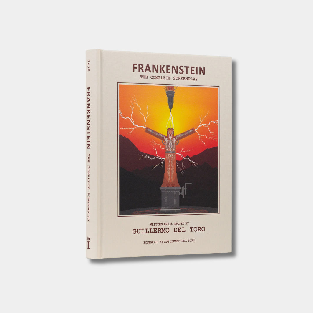 The book cover for "Frankenstein: The Complete Screenplay" by Guillermo del Toro features an illustration of a figure being struck by lightning on a platform against a dark, mountainous landscape.