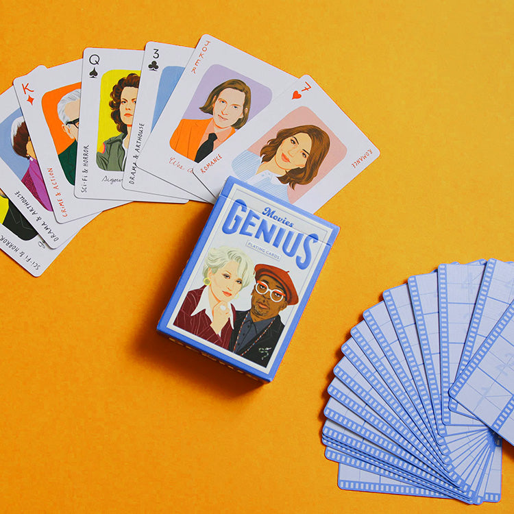 Playing cards with portraits of filmmakers on it against a yellow background