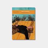  Illustration of a woman in a leopard-print headscarf reclining against a background of overgrown weeds and orange panel with book title "Grey Gardens" at top.