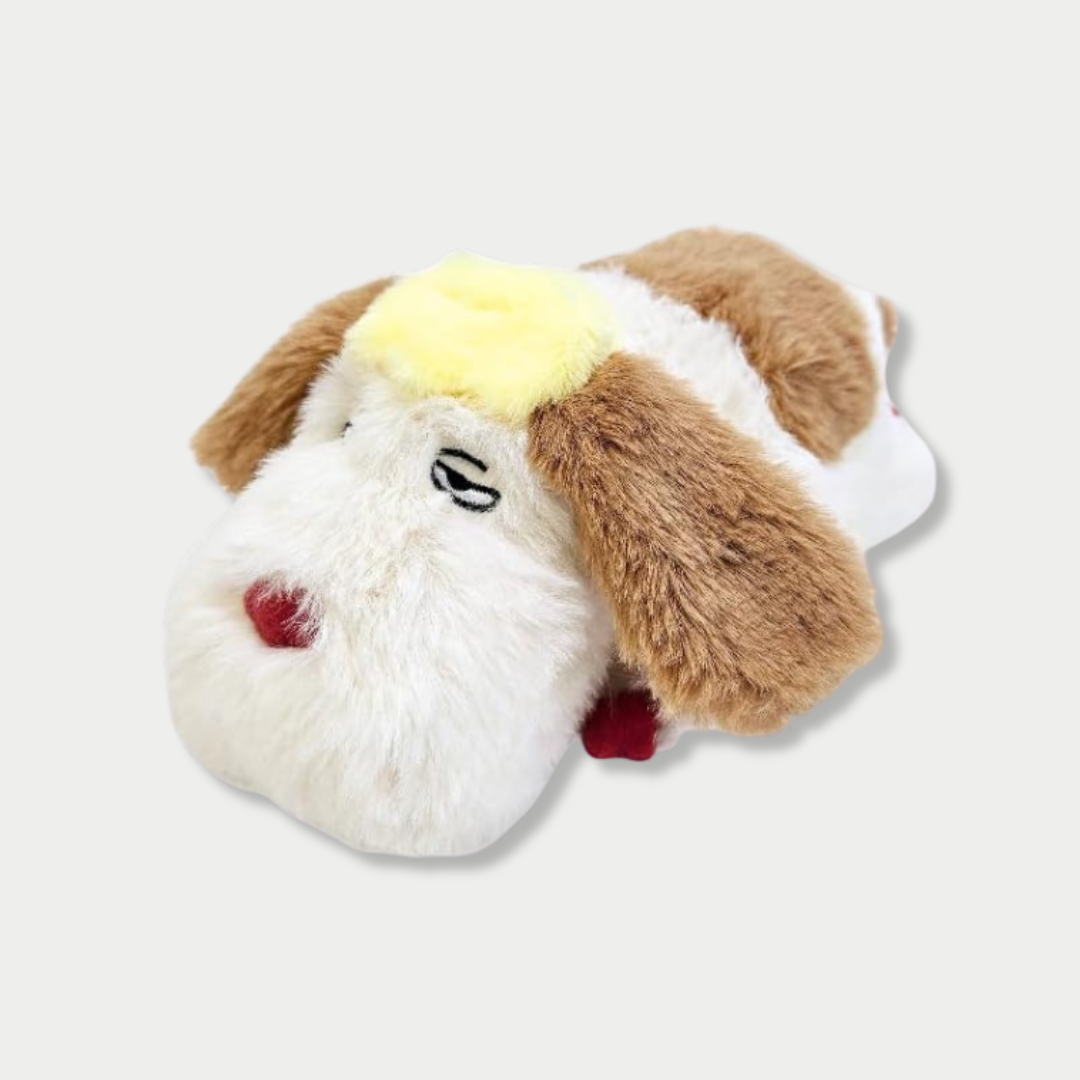A plush beanbag toy of the dog Heen from Howl's Moving Castle, featuring a fluffy white face with a red nose, sleepy embroidered eyes, droopy brown ears, and a patch of yellow fur on top of his head.