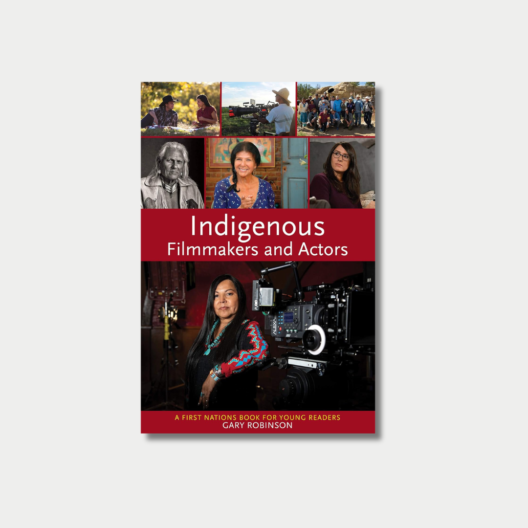 Book cover of "Indigenous Filmmakers and Actors" featuring a red title band dividing a grid of six smaller photos of Indigenous actors and film crews at the top from a large main photo of a woman standing next to a professional film camera at the bottom.