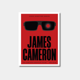 An illustrated book cover for "James Cameron: The Complete Unofficial Guide" featuring a minimalist design of black sunglasses with one red glowing lens on a solid red background.