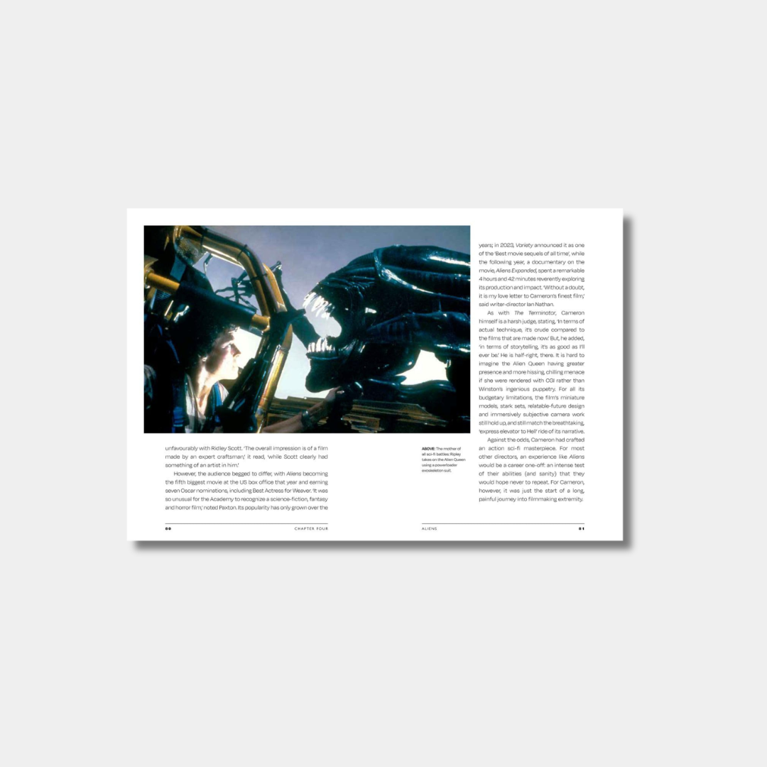 An open book spread featuring a large photograph of the Xenomorph Queen from the movie Aliens across the top of both pages, with columns of descriptive text and analysis below.