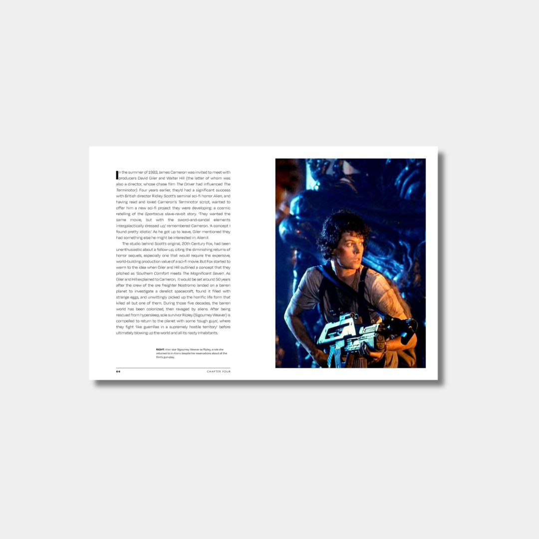 An open book spread featuring a page of text on the left and a full-page photograph of Sigourney Weaver as Ripley from the movie Aliens on the right, holding a pulse rifle.