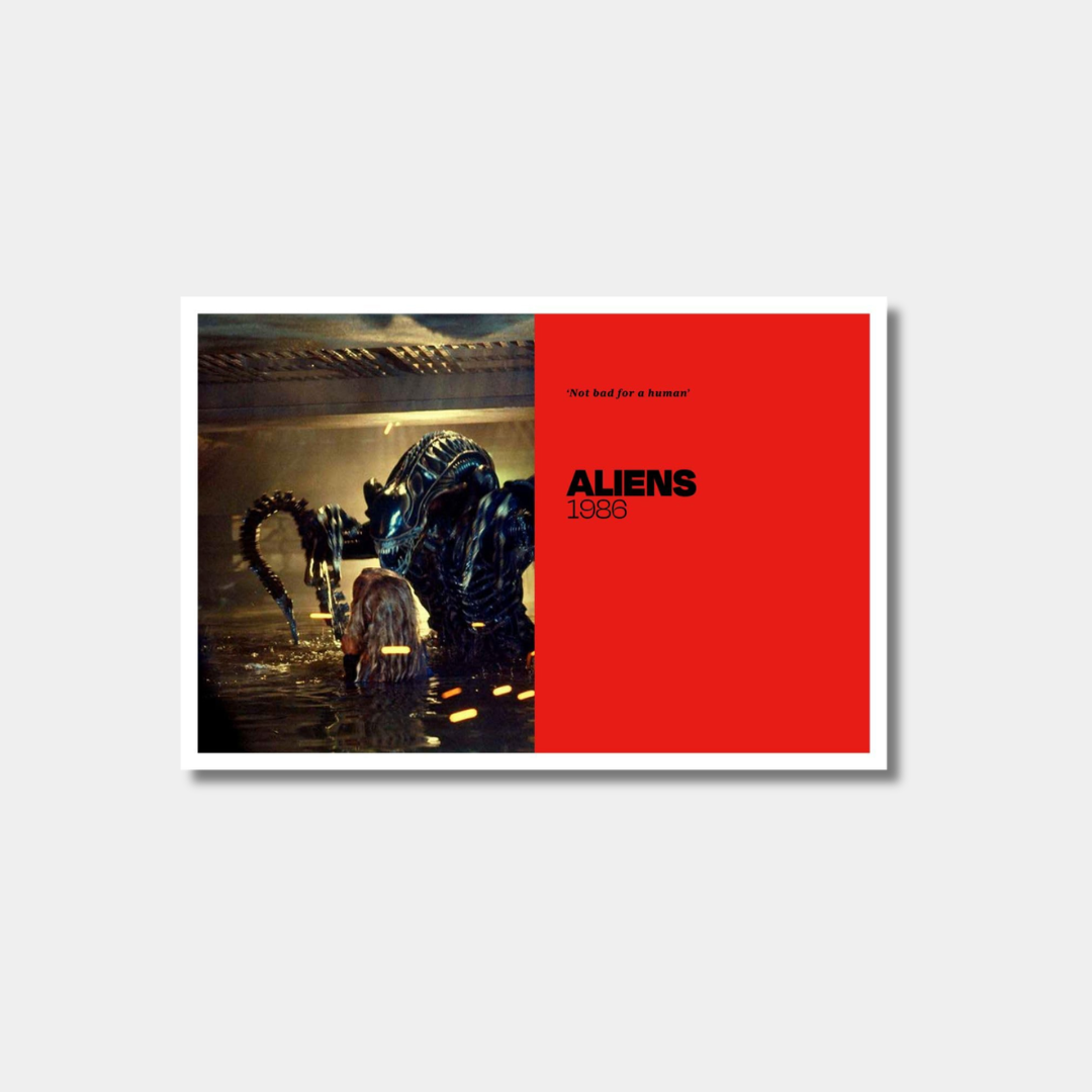 A minimalist movie poster for "Aliens" (1986) featuring a split design: on the left, a film still of the Xenomorph Queen rising behind Newt in water, and on the right, a solid red background with the title, year, and the quote, "Not bad for a human."