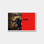 A minimalist movie poster for "Aliens" (1986) featuring a split design: on the left, a film still of the Xenomorph Queen rising behind Newt in water, and on the right, a solid red background with the title, year, and the quote, "Not bad for a human."