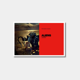 A minimalist movie poster for "Aliens" (1986) featuring a split design: on the left, a film still of the Xenomorph Queen rising behind Newt in water, and on the right, a solid red background with the title, year, and the quote, "Not bad for a human."