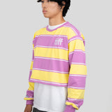 A model wears a long-sleeved cropped shirt featuring yellow, purple, and white stripes with the "TIFF" logo printed on the chest.
