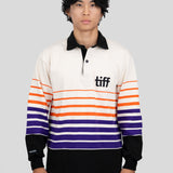 A model wears a long-sleeved, collared rugby shirt featuring orange, purple, and black stripes with the "TIFF" logo printed on the left chest.